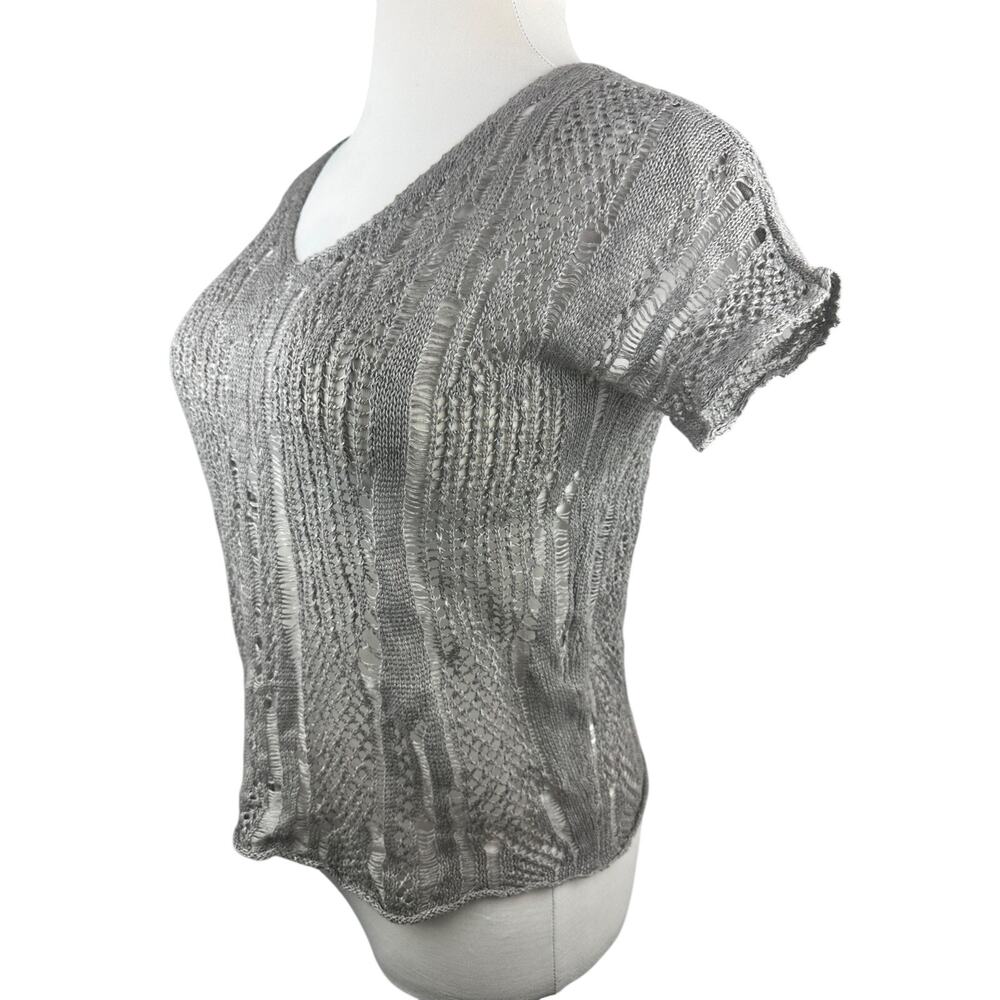 Eileen Fisher Open Knit V-Neck Short Sleeve Sweater Linen Metallic PP Petite Top - Picture 12 of 16